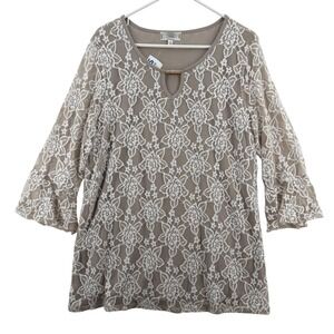 Shannon Ford New York Shirt Womens Plus Size 1X Taupe White Lace Overlay Lined